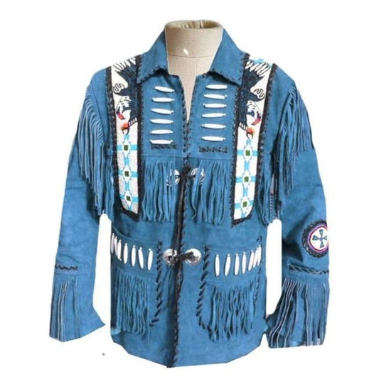 Men's Western Suede Jacket, Blue Cowboy Fringe Suede Jacket - Leather Loom