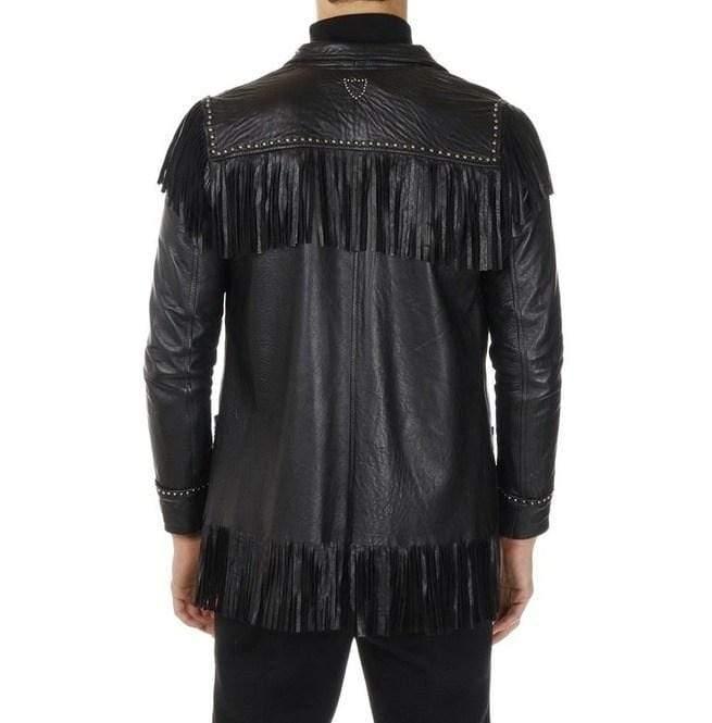 Men's Western Leather Jacket Wear Fringes Beads Native American Cowboy Black Coat - Leather Loom