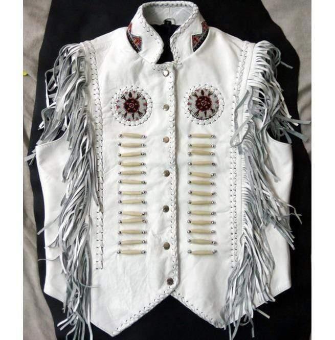 Western Leather Jacket, Handmade White Cowboy Fringe Leather Jacket - Leather Loom