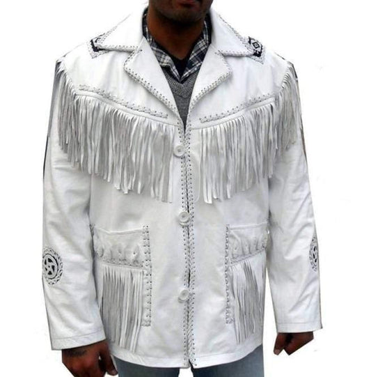 Men's Western Leather Jacket, Handmade Cowboy White Fringe Jacket - Leather Loom