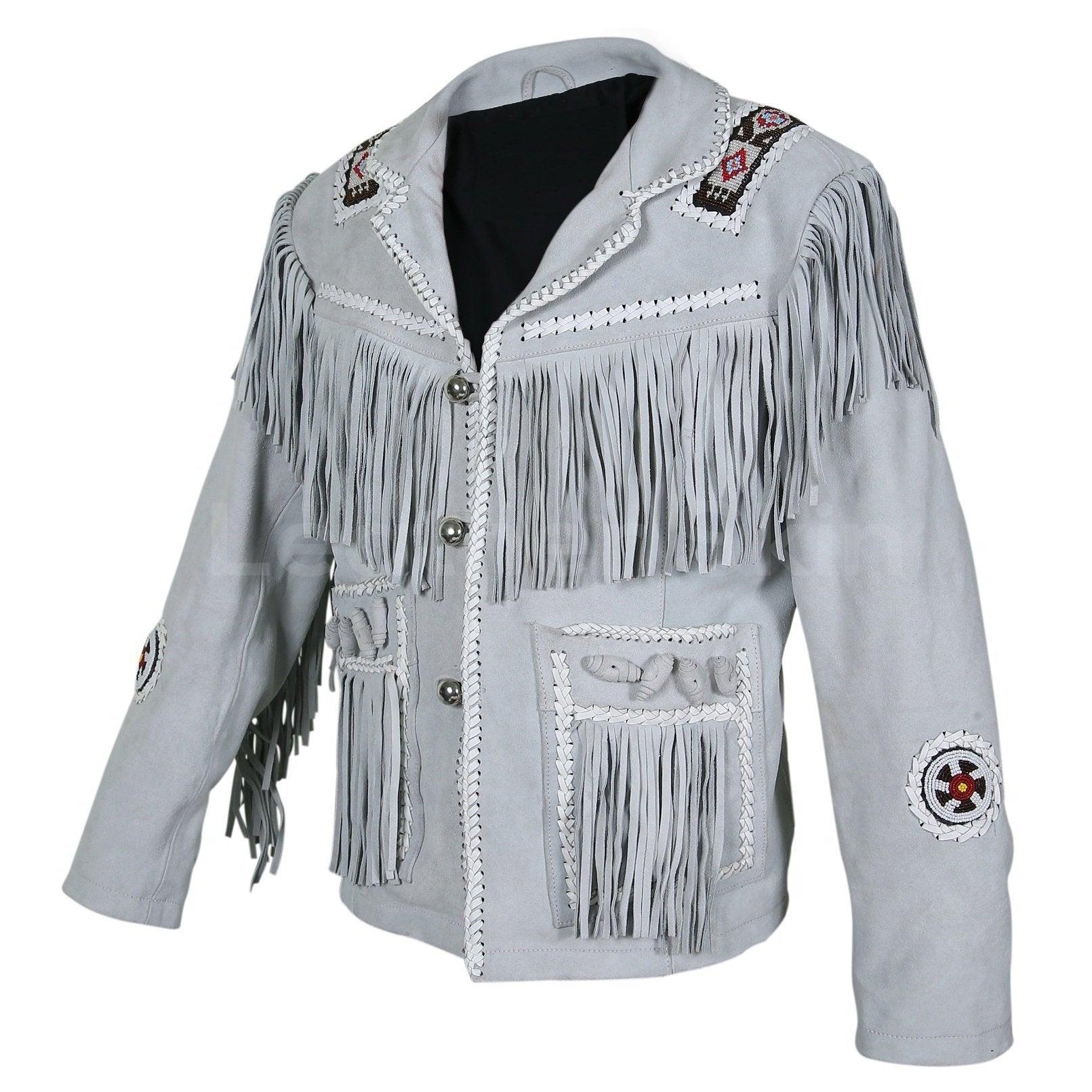 Men White Western Style Fringes Cowboy Suede Leather Jacket - Leather Loom