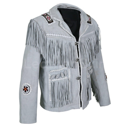 Men White Western Style Fringes Cowboy Suede Leather Jacket - Leather Loom