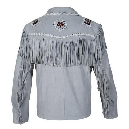 Men White Western Style Fringes Cowboy Suede Leather Jacket - Leather Loom