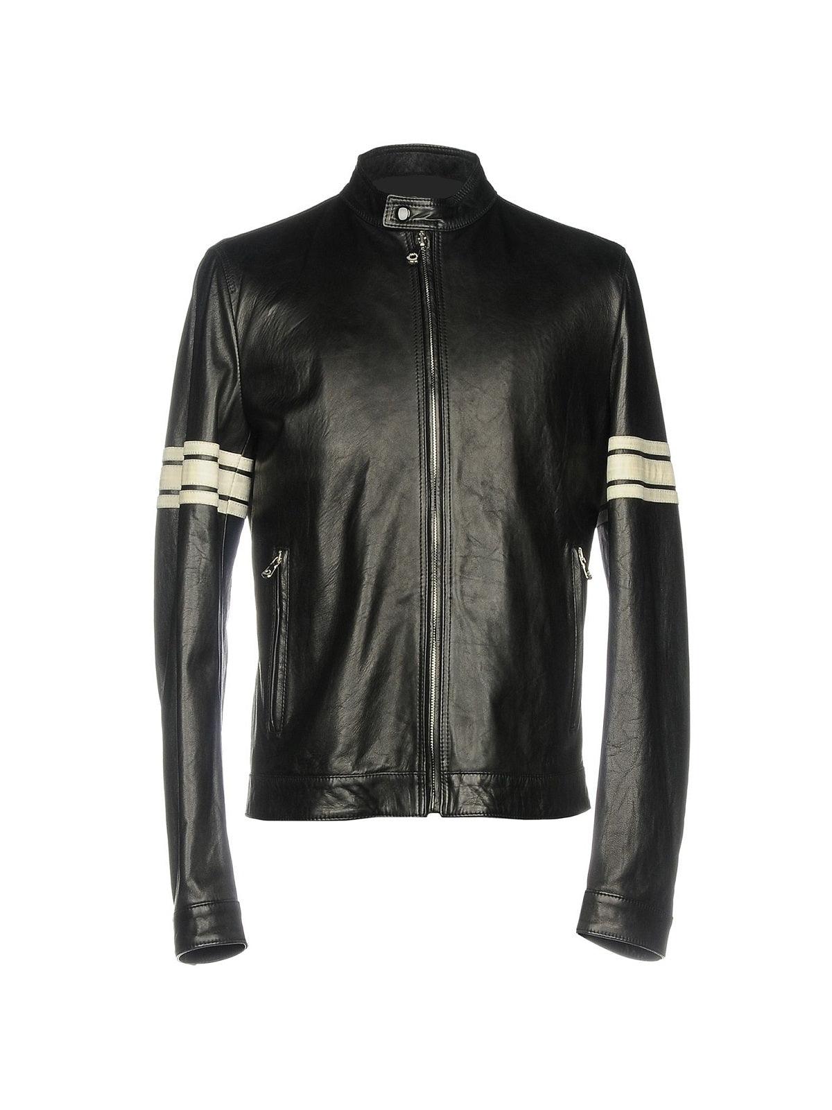 Men Black Leather Jacket With White Strips - Leather Loom