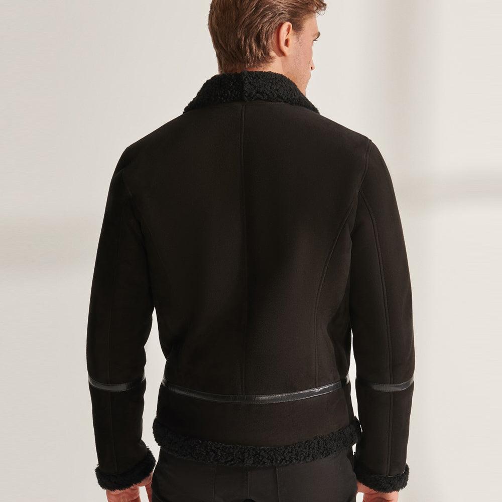Black Sheepskin Shearling Aviator Leather Jacket For Men - Leather Loom
