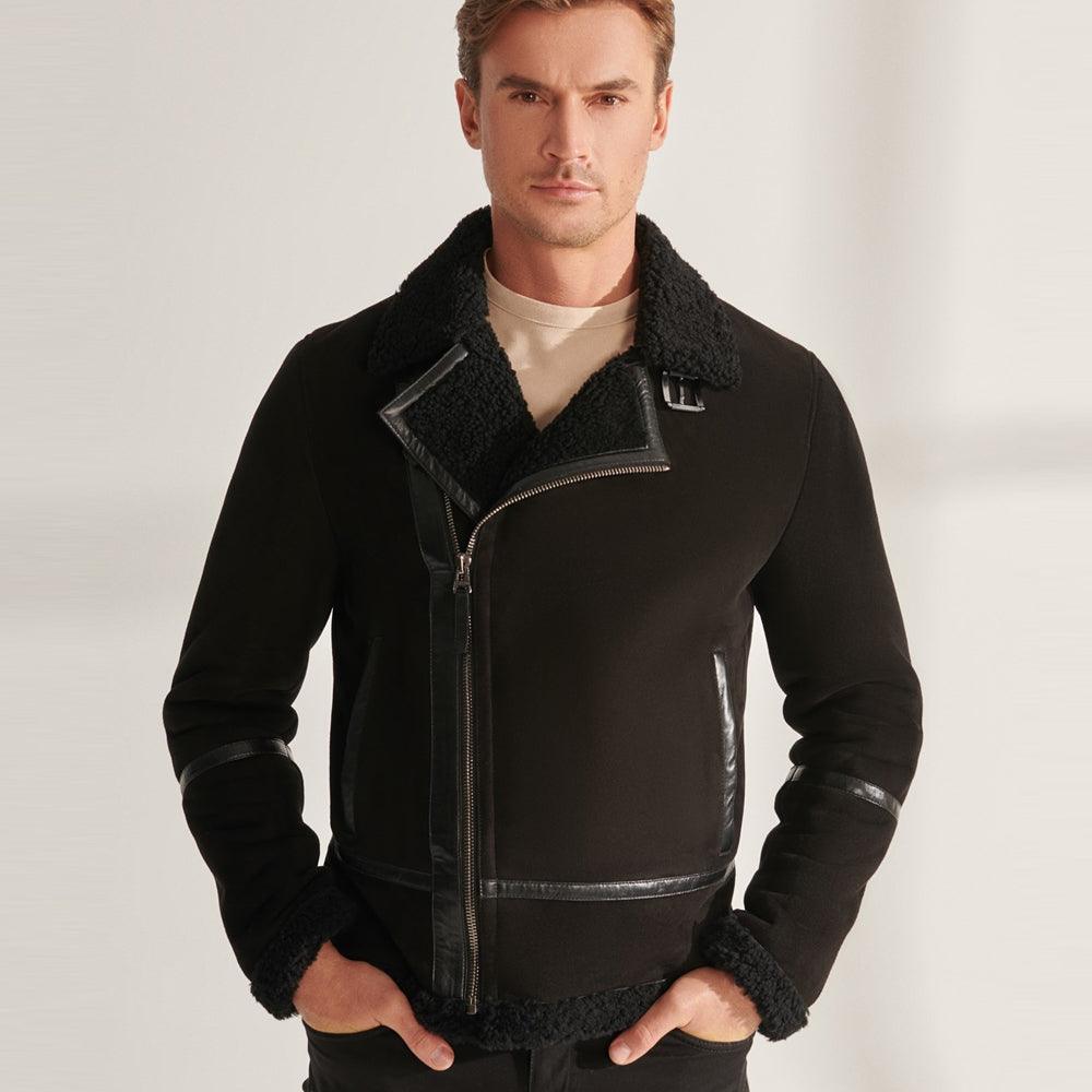 Black Sheepskin Shearling Aviator Leather Jacket For Men - Leather Loom
