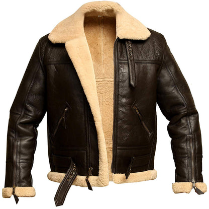 B3 RAF Brown Bomber Shearling Real Sheepskin Aviator Leather Jacket For Men - Leather Loom