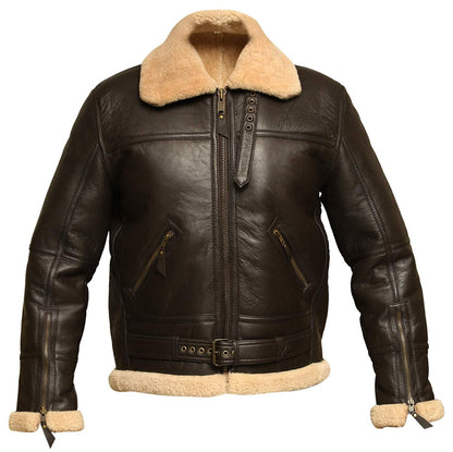 B3 RAF Brown Bomber Shearling Real Sheepskin Aviator Leather Jacket For Men - Leather Loom