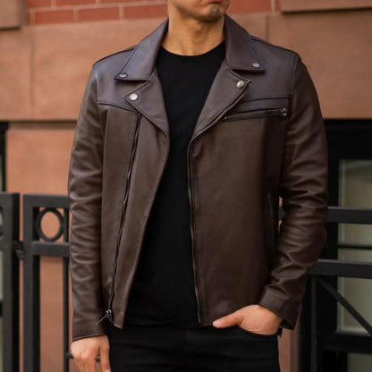 Men Brown Motorcycle Leather Racer Jacket - Leather Loom