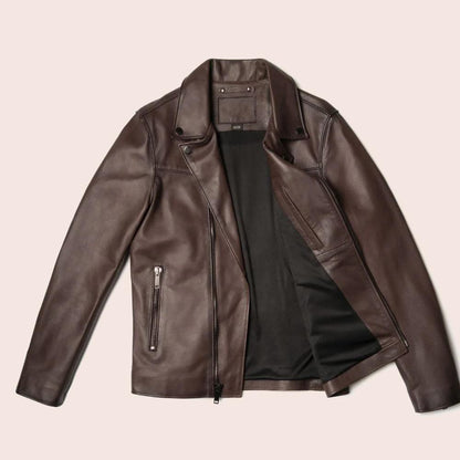 Men Brown Motorcycle Leather Racer Jacket - Leather Loom