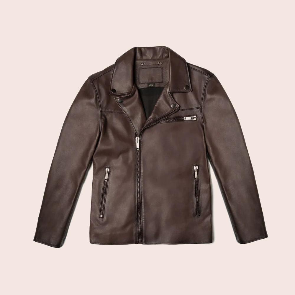 Men Brown Motorcycle Leather Racer Jacket - Leather Loom