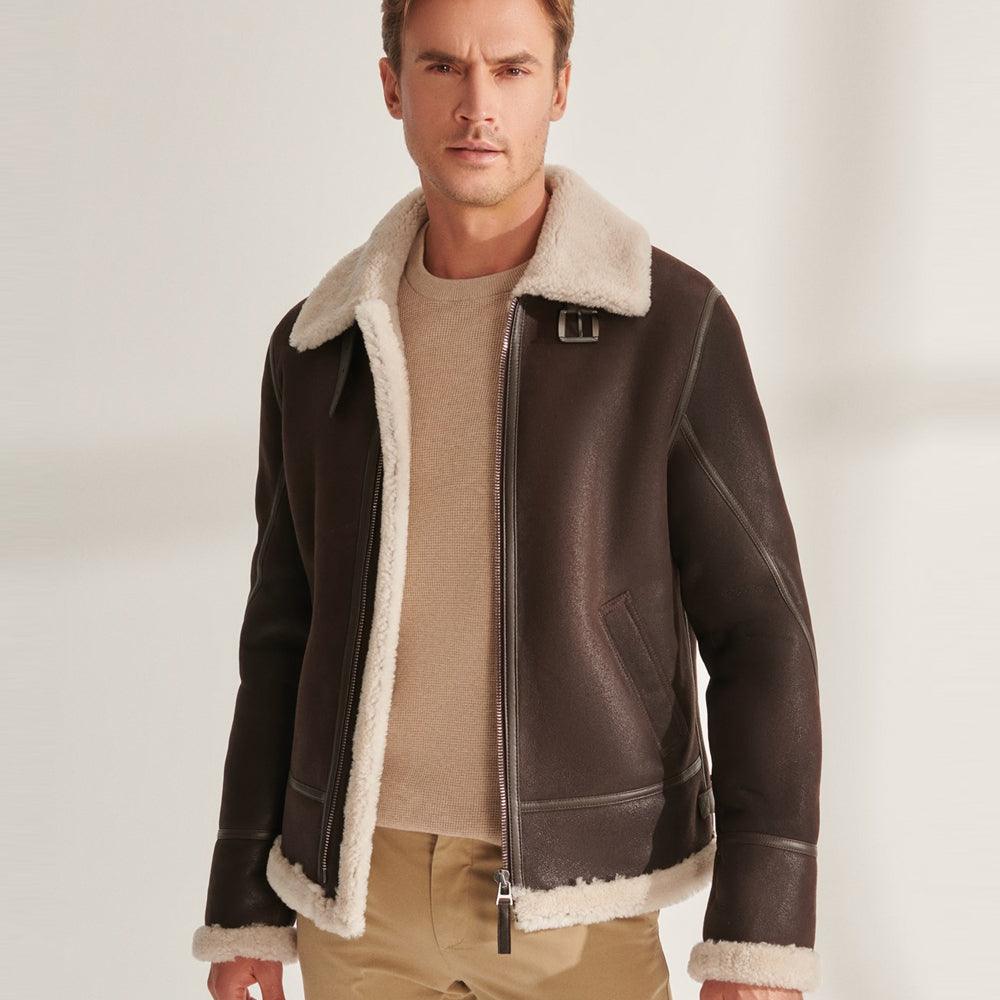 Brown Pilot Shearling Aviator Leather Jacket For Men - Leather Loom