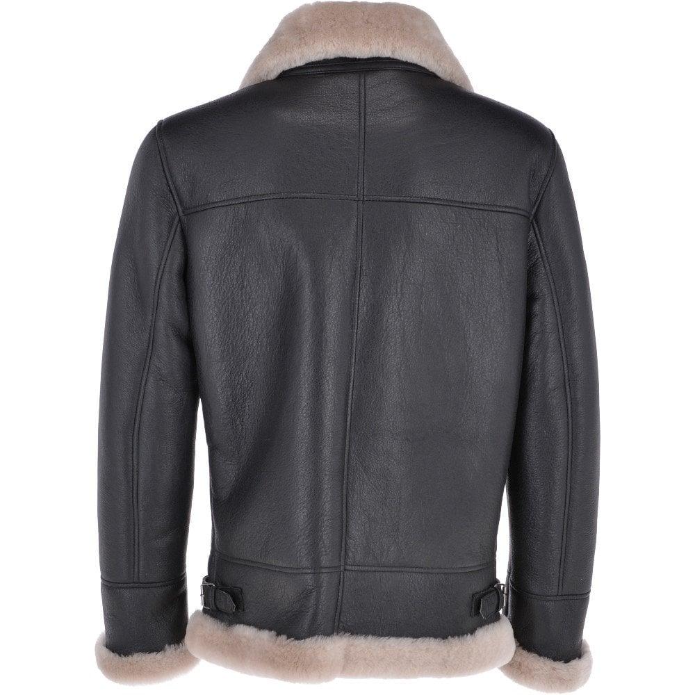 Men Brown Shearling Real Black Leather Bomber Jacket - Leather Loom