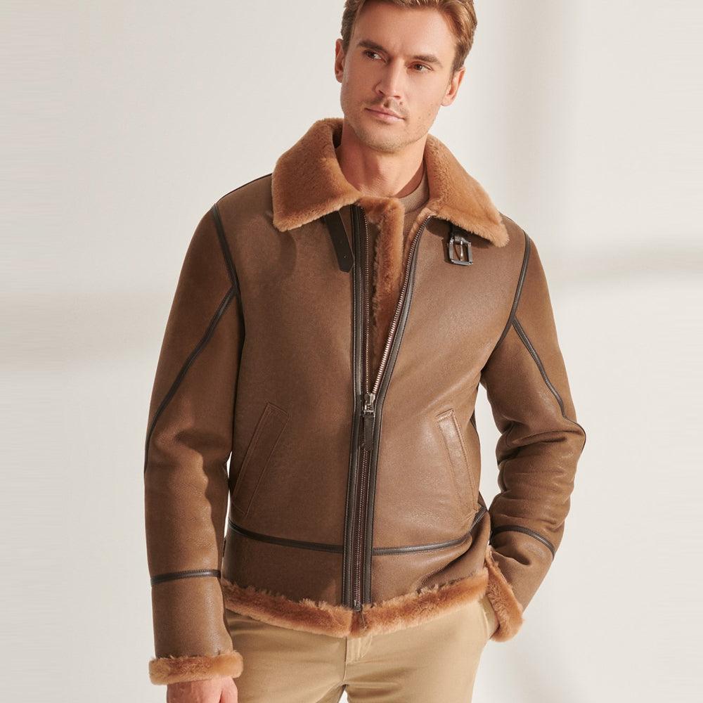 B3 Shearling Camel Brown Aviator Leather Jacket For Men - Leather Loom