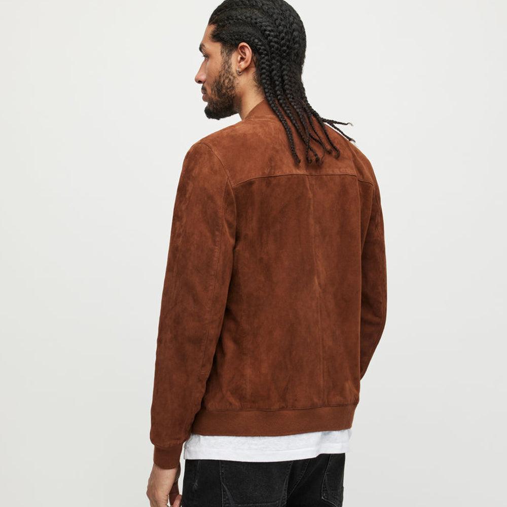 Men Classic Brown Suede Leather Bomber Jacket - Leather Loom