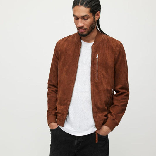 Men Classic Brown Suede Leather Bomber Jacket - Leather Loom