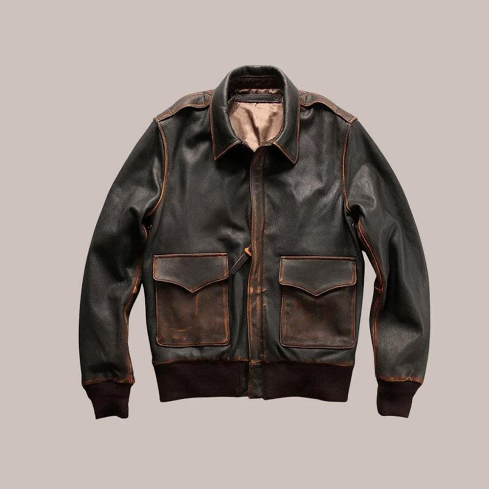 Men Distressed Brown Aviator A2 Military Pilot Leather Bomber Jacket - Leather Loom