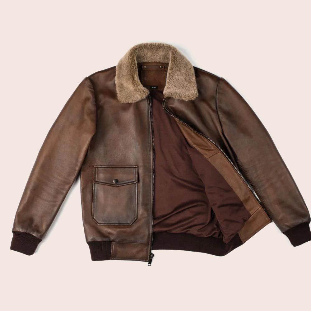 Men G-1 Flight Chocolate Brown Genuine Leather Bomber Jacket - Leather Loom