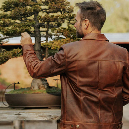 Men Goatskin Plain Brown Trucker Leather Jacket - Leather Loom