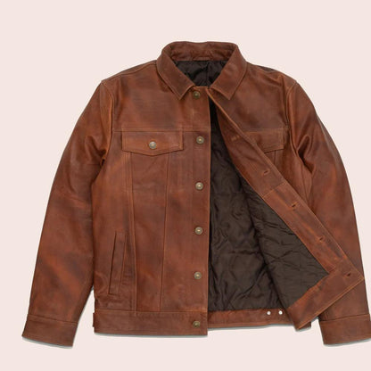 Men Goatskin Plain Brown Trucker Leather Jacket - Leather Loom