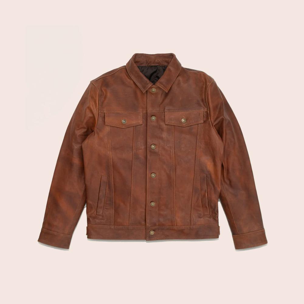 Men Goatskin Plain Brown Trucker Leather Jacket - Leather Loom