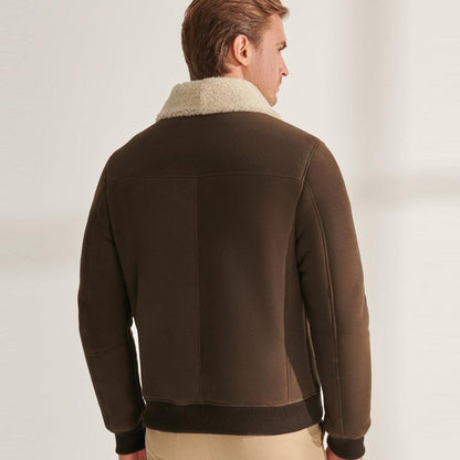 Men Khaki Brown Sheepskin Shearling Leather Bomber Jacket - Leather Loom