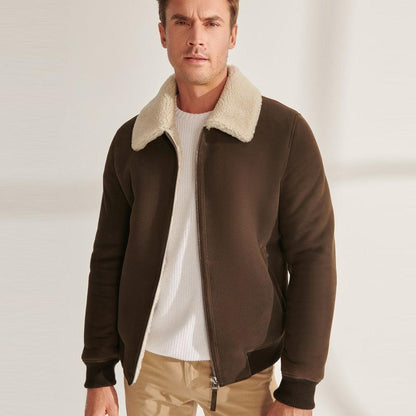 Khaki Brown Sheepskin Shearling Bomber Jacket for Men.