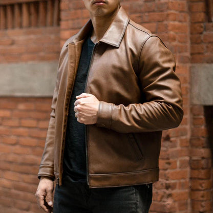 Men Point Collar Classic Brown Leather Jacket - Leather Loom