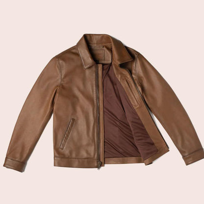 Men Point Collar Classic Brown Leather Jacket - Leather Loom