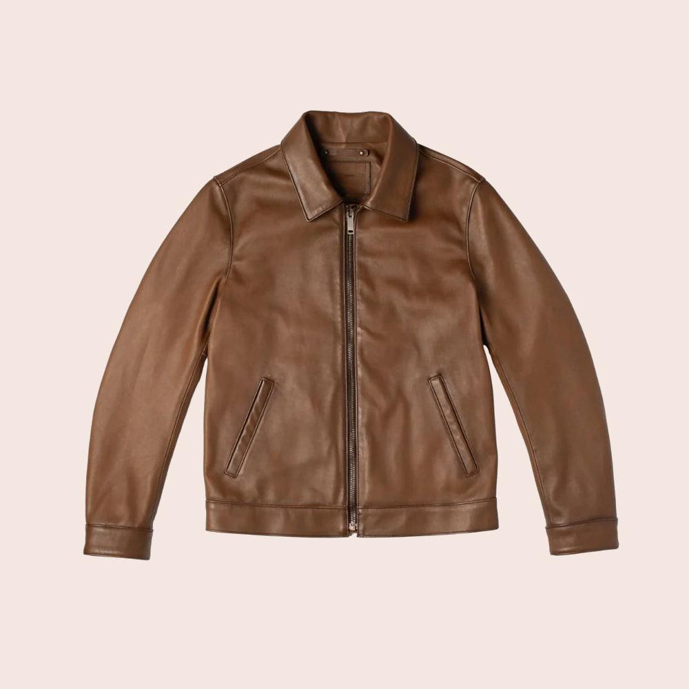 Men Point Collar Classic Brown Leather Jacket - Leather Loom
