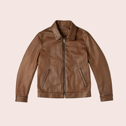 Men Point Collar Classic Brown Leather Jacket - Leather Loom