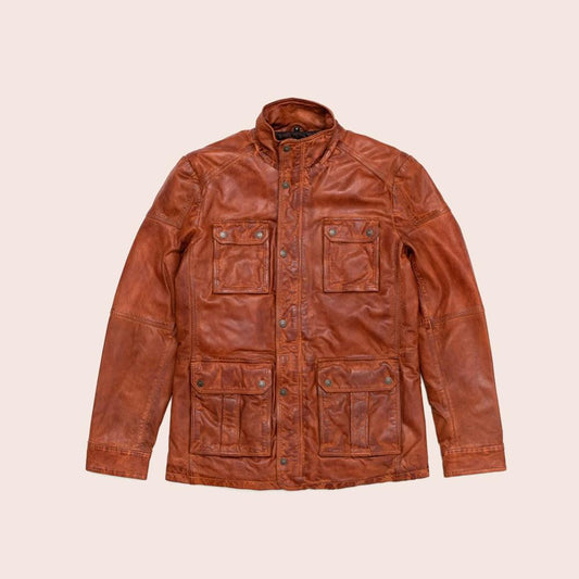 Men Pure Fine Grain Lambskin Brown Leather Field Jacket - Leather Loom
