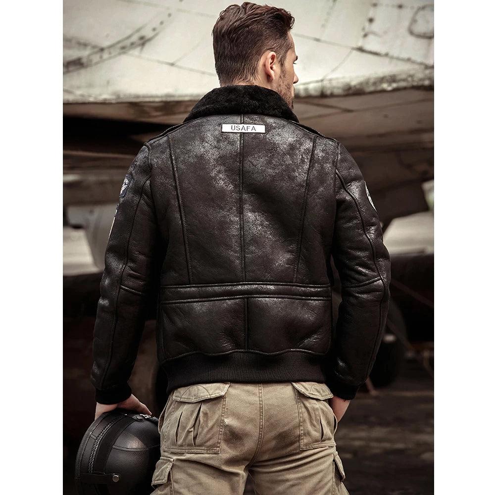 New Shearling Coat Mens B3 Bomber Jacket Black Leather Motorcycle