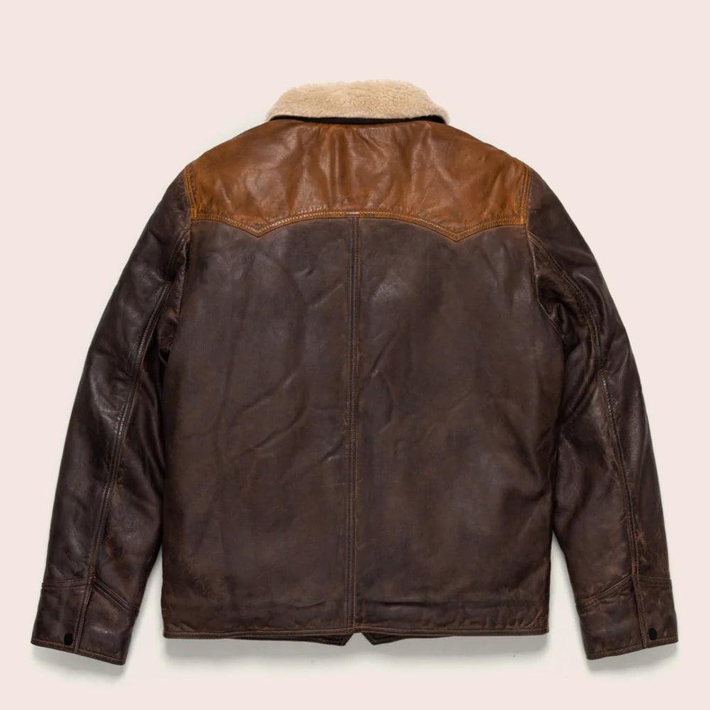 Men Sheepskin Double Tone Brown Sherpa Western Leather Jacket - Leather Loom