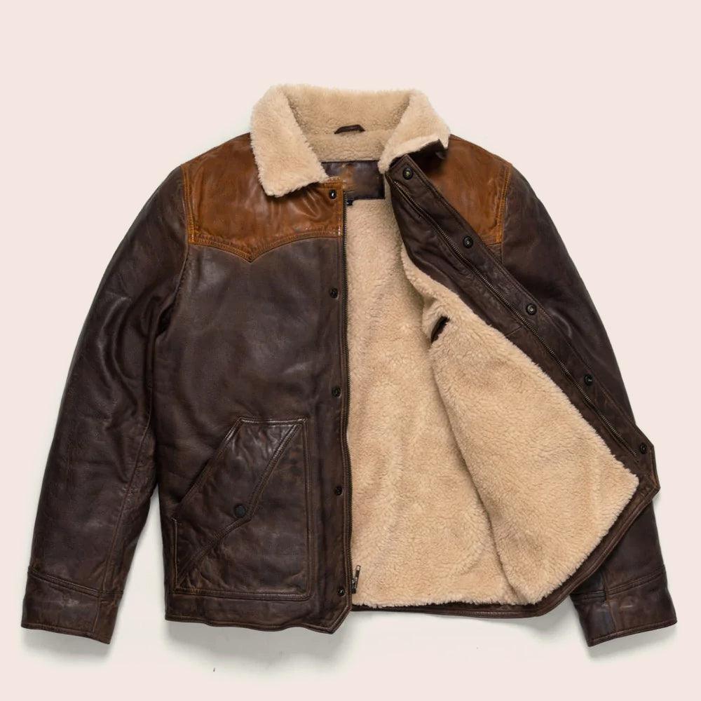 Men Sheepskin Double Tone Brown Sherpa Western Leather Jacket - Leather Loom