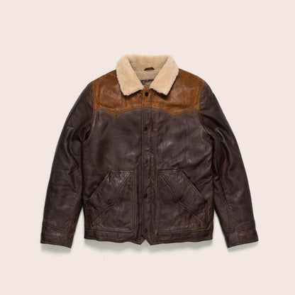 Men Sheepskin Double Tone Brown Sherpa Western Leather Jacket - Leather Loom