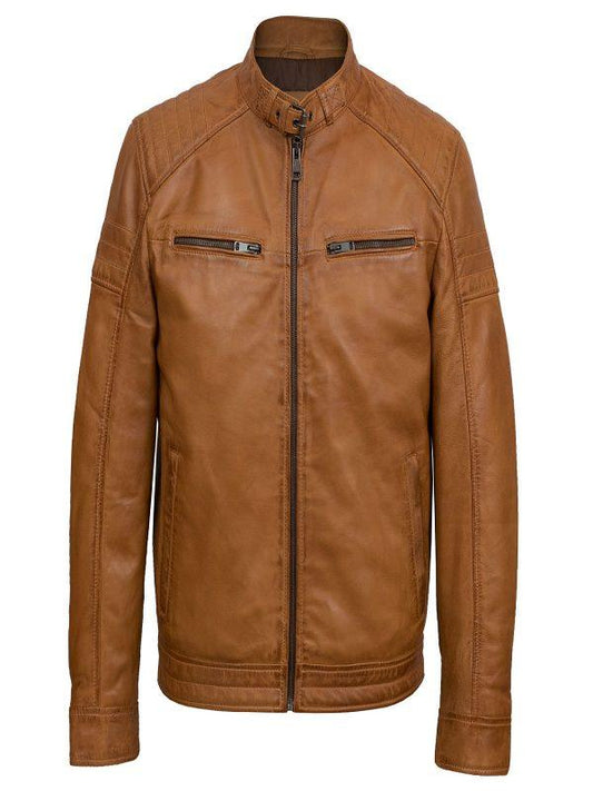 Men Tan Brown Biker Jacket - Leather Loom