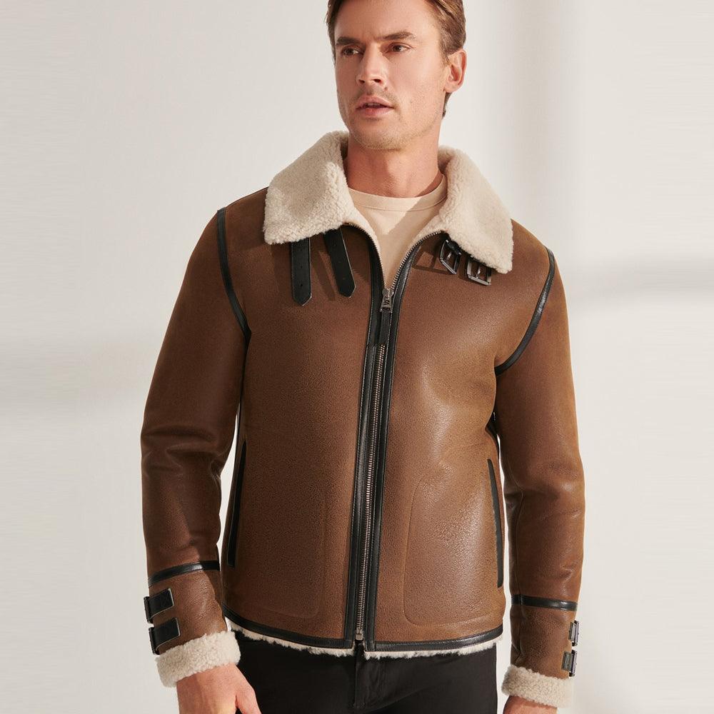 B3 RAF Tan Pilot Shearling Brown Leather Aviator Jacket For Men - Leather Loom