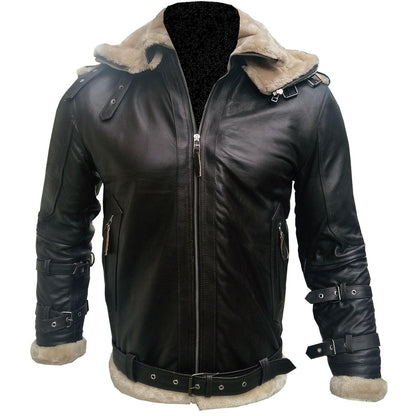 Men's Aviator B3 Bomber Double Collar Faux Shearling Brown Leather Jacket - Leather Loom