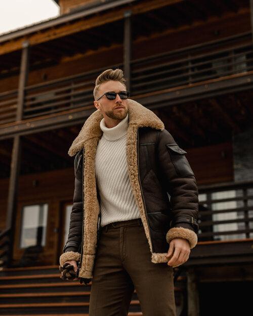 Men's Brown B3 Flying Aviator Shearling Leather Long Jacket Coat - Leather Loom