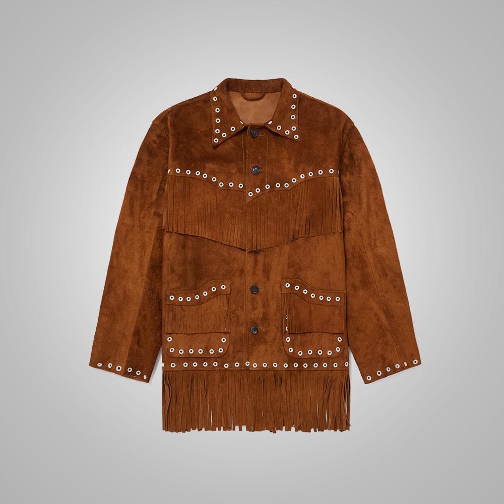 Men's Brown Suede Leather Cowboy Jacket with Fringes - Leather Loom