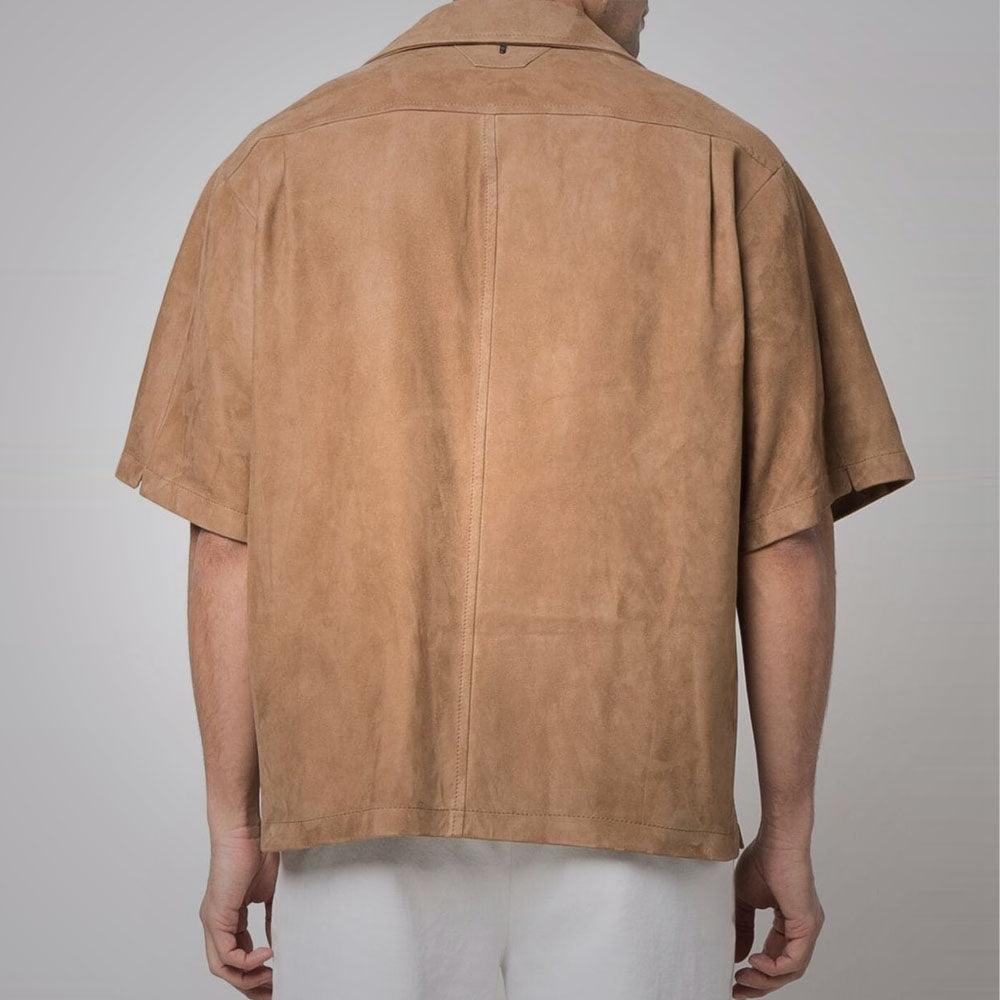 Men's Brown Suede Leather Half Sleeves Shirt - Leather Loom