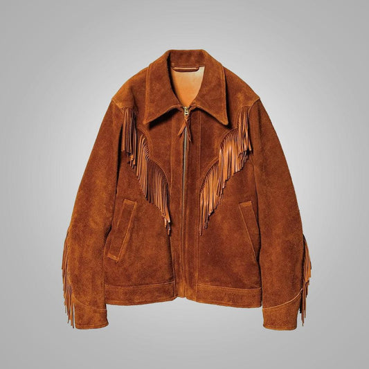 Men's Brown Suede Leather Western Cowboy Fringe Jacket - Leather Loom