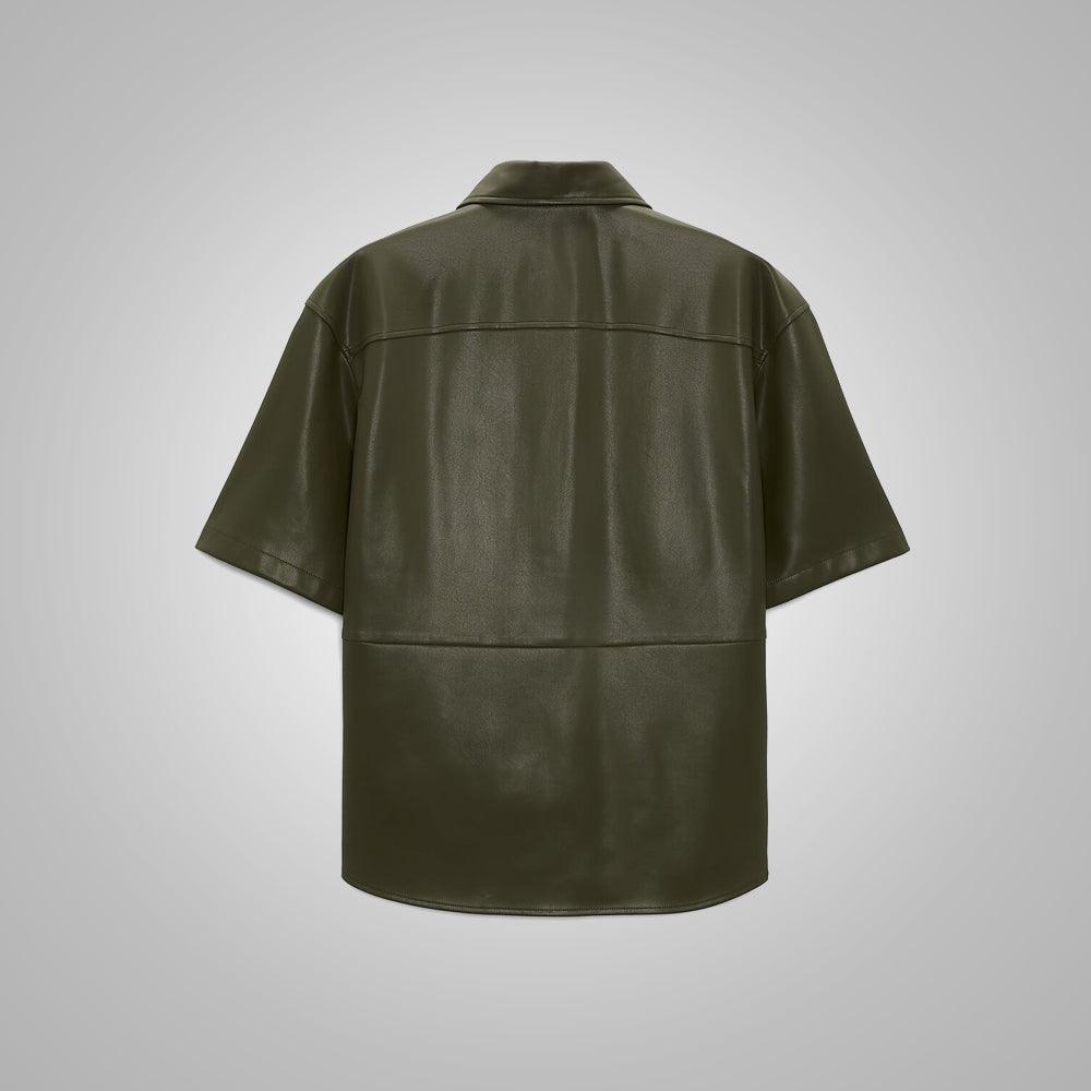 Men's Dark Green Half Sleeves Leather Shirt - Leather Loom