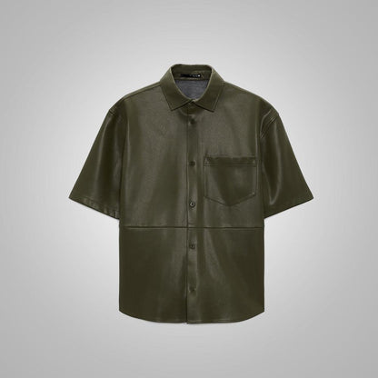 Men's Dark Green Half Sleeves Leather Shirt - Leather Loom