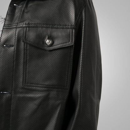 Men's Dotted Pattern Full Sleeves Black Leather Shirt - Leather Loom