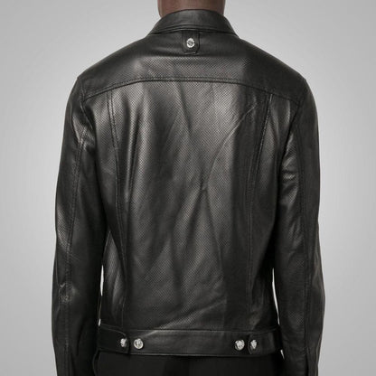 Men's Dotted Pattern Full Sleeves Black Leather Shirt - Leather Loom