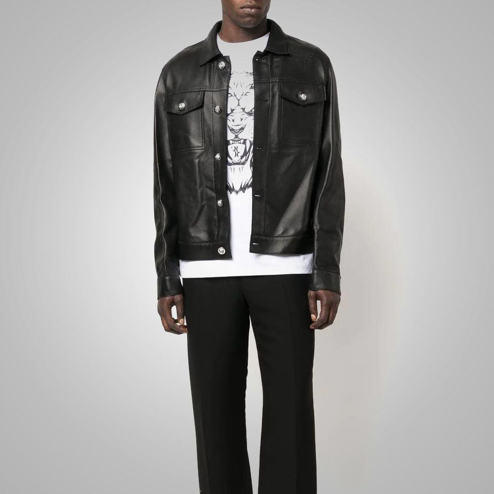 Men's Dotted Pattern Full Sleeves Black Leather Shirt - Leather Loom