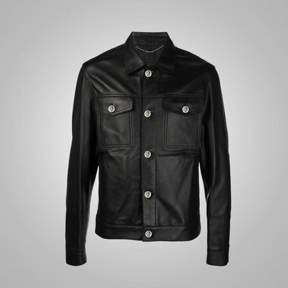 Men's Dotted Pattern Full Sleeves Black Leather Shirt - Leather Loom