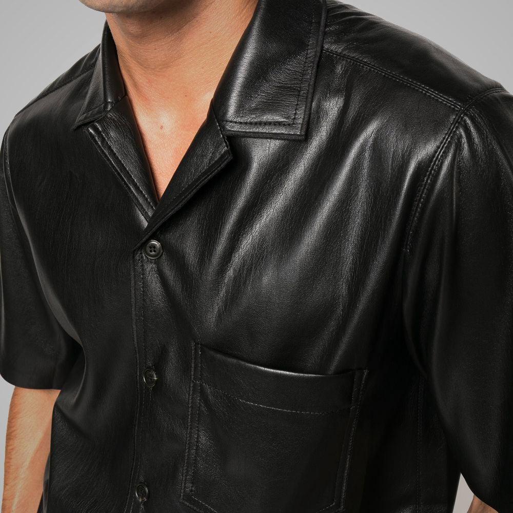 Men's Fine Grain Half Sleeves Black Leather Shirt - Leather Loom